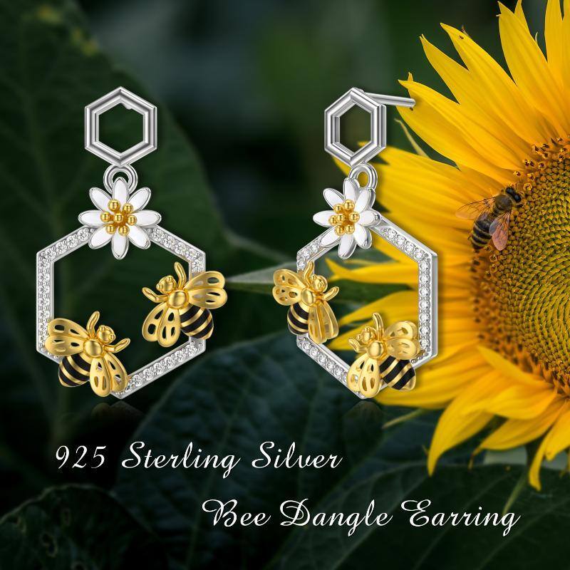 Sterling Silver Two-tone Circular Shaped Cubic Zirconia Bee & Daisy Stud Earrings-3