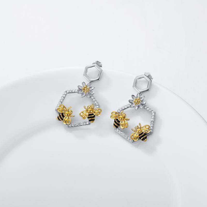 Boucles d'oreilles abeille et marguerite en argent sterling, de forme circulaire et bicolo-4