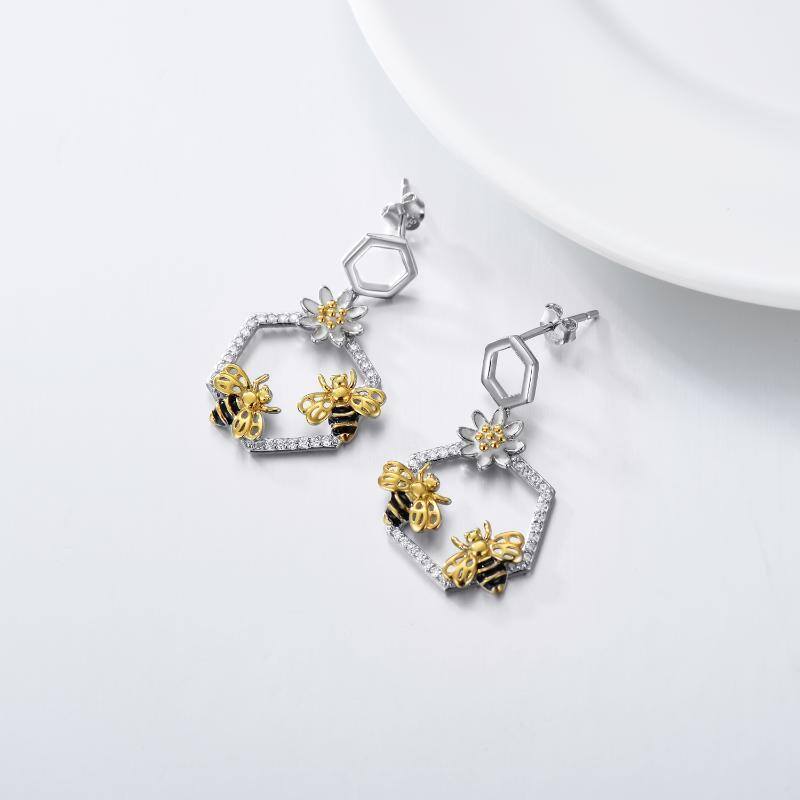 Boucles d'oreilles abeille et marguerite en argent sterling, de forme circulaire et bicolo-5