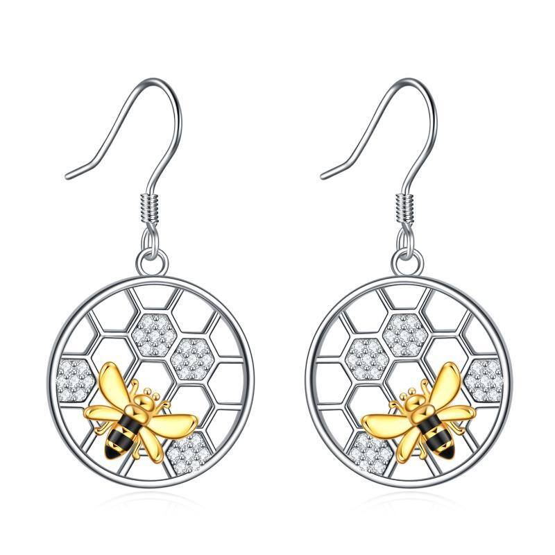 Sterling Silver Two-tone Circular Shaped Cubic Zirconia Bee & Honeycomb Drop Earrings-1