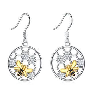 Sterling Silver Two-tone Circular Shaped Cubic Zirconia Bee & Honeycomb Drop Earrings-50