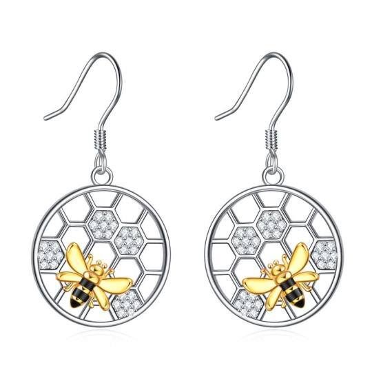 Sterling Silver Two-tone Circular Shaped Cubic Zirconia Bee & Honeycomb Drop Earrings