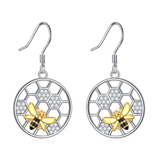 Sterling Silver Two-tone Circular Shaped Cubic Zirconia Bee & Honeycomb Drop Earrings-5