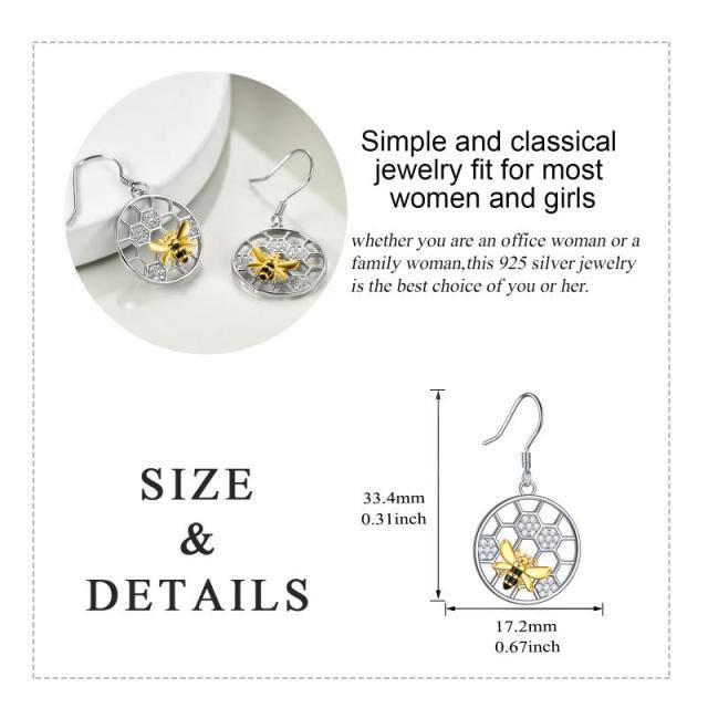 Sterling Silver Two-tone Circular Shaped Cubic Zirconia Bee & Honeycomb Drop Earrings-3