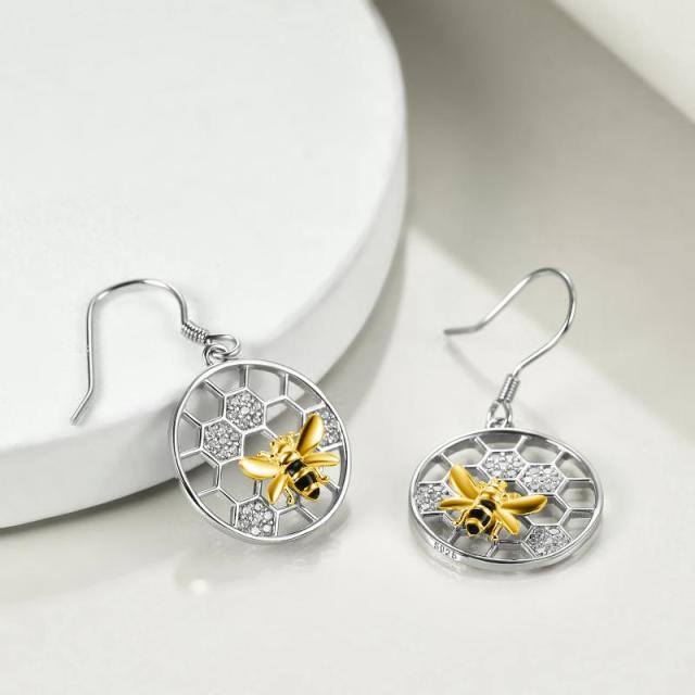 Sterling Silver Two-tone Circular Shaped Cubic Zirconia Bee & Honeycomb Drop Earrings-4