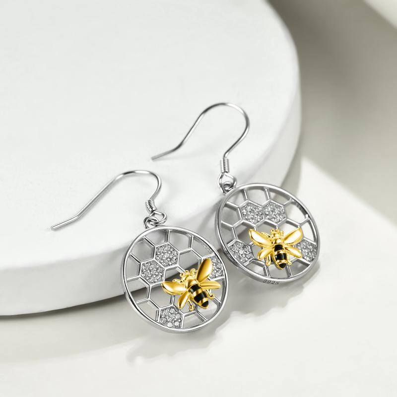 Sterling Silver Two-tone Circular Shaped Cubic Zirconia Bee & Honeycomb Drop Earrings-5