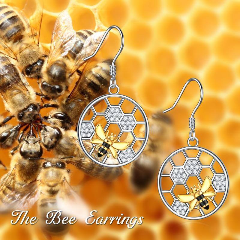 Sterling Silver Two-tone Circular Shaped Cubic Zirconia Bee & Honeycomb Drop Earrings-6