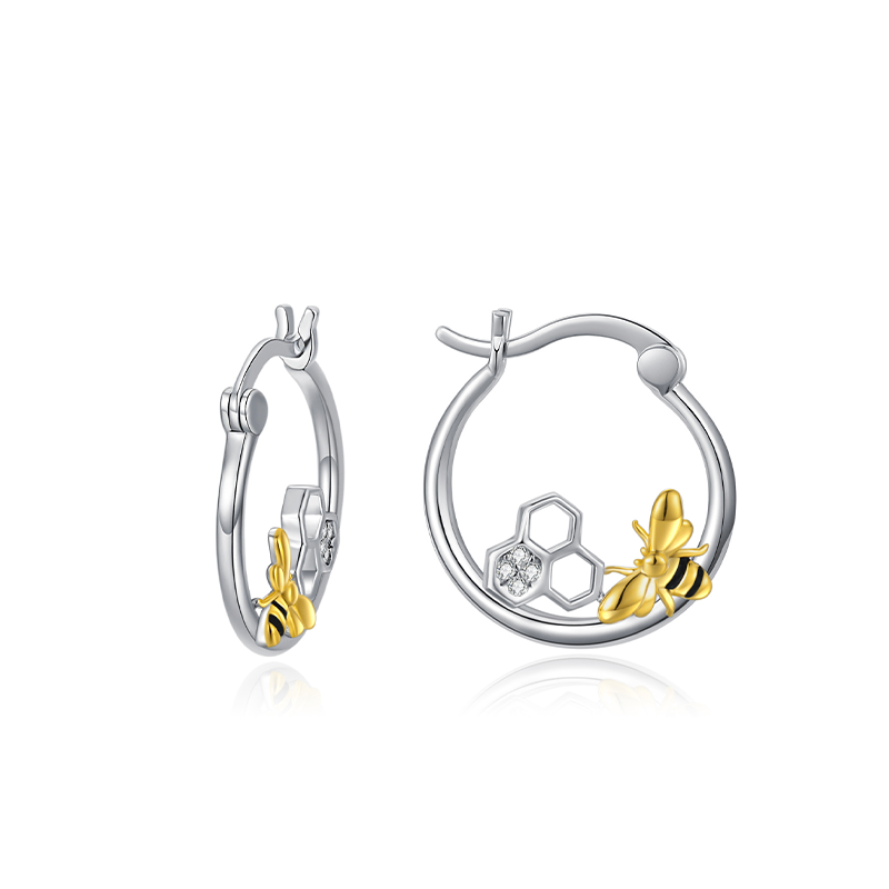 Sterling Silver Two-tone Circular Shaped Cubic Zirconia Bee & Honeycomb Hoop Earrings-1