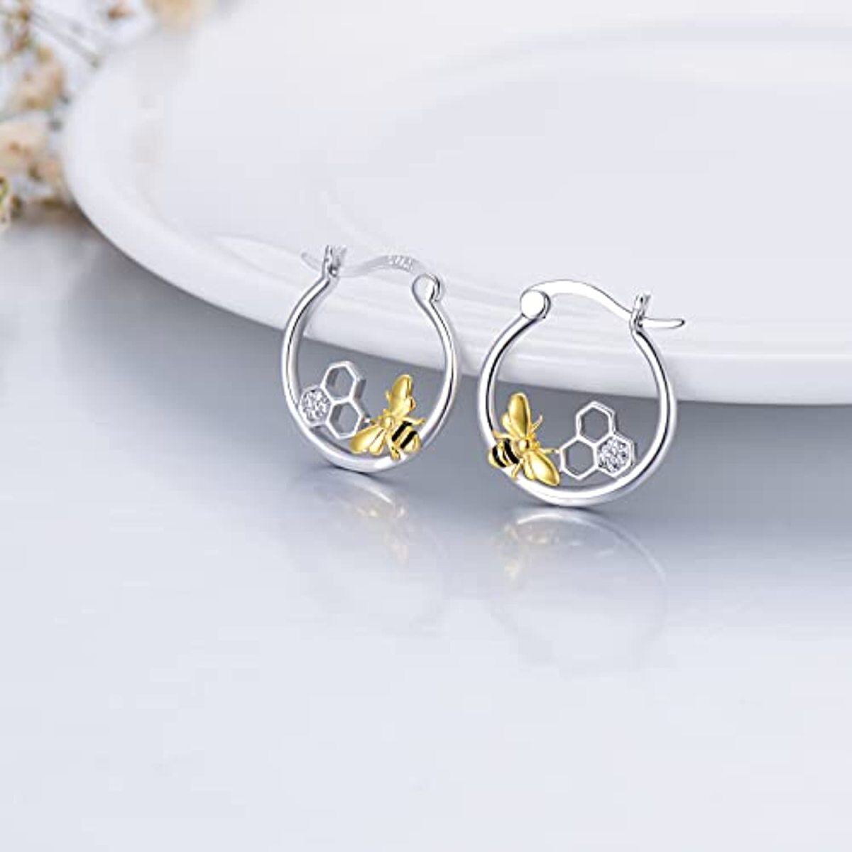 Boucles d'oreilles créoles en forme de nid d'abeille en argent sterling avec oxyde de zirconium de forme circulaire bicolore-3