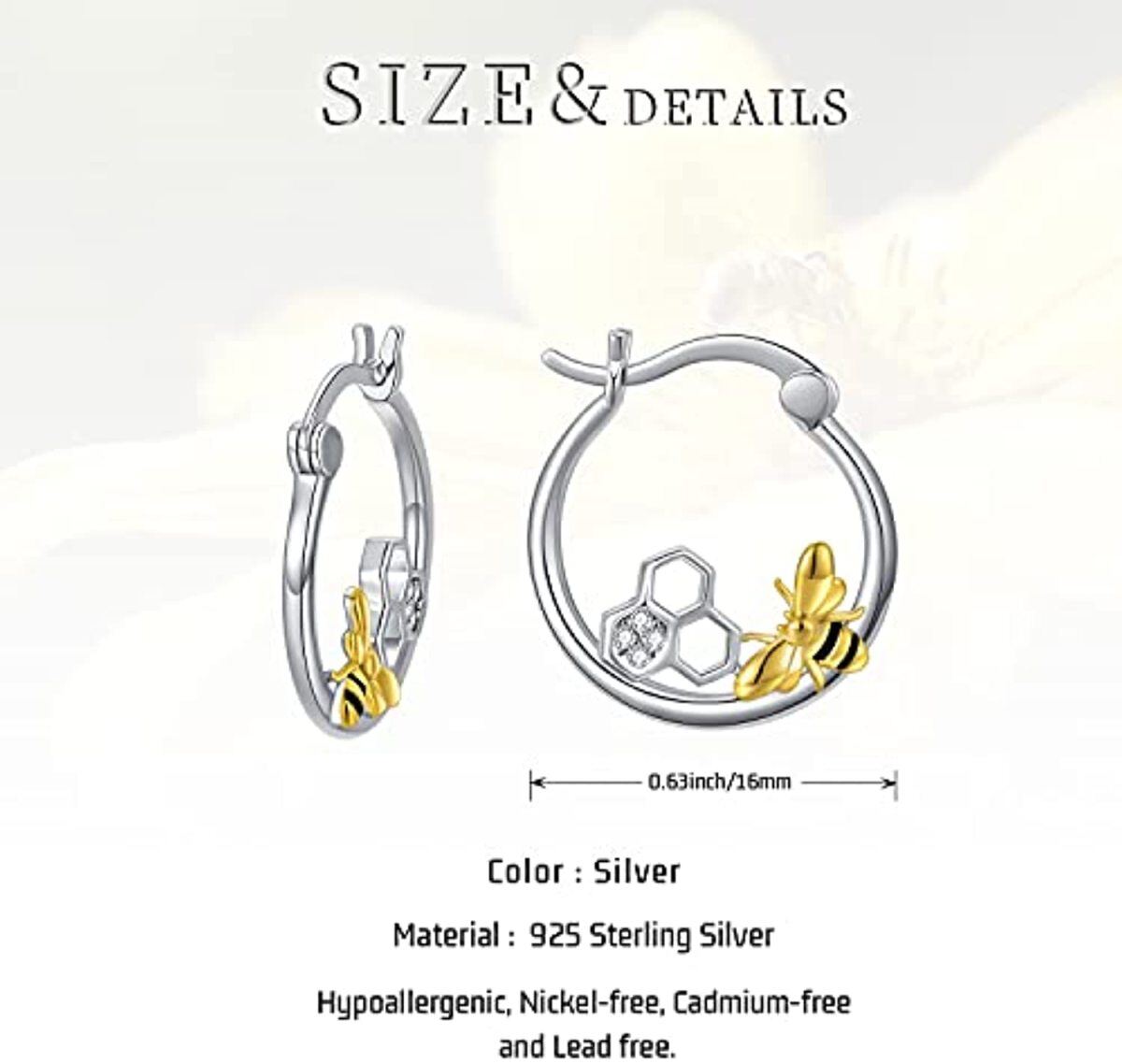 Sterling Silver Two-tone Circular Shaped Cubic Zirconia Bee & Honeycomb Hoop Earrings-5