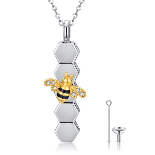 Sterling Silver Two-tone Circular Shaped Cubic Zirconia Bee & Honeycomb Urn Necklace for Ashes-1