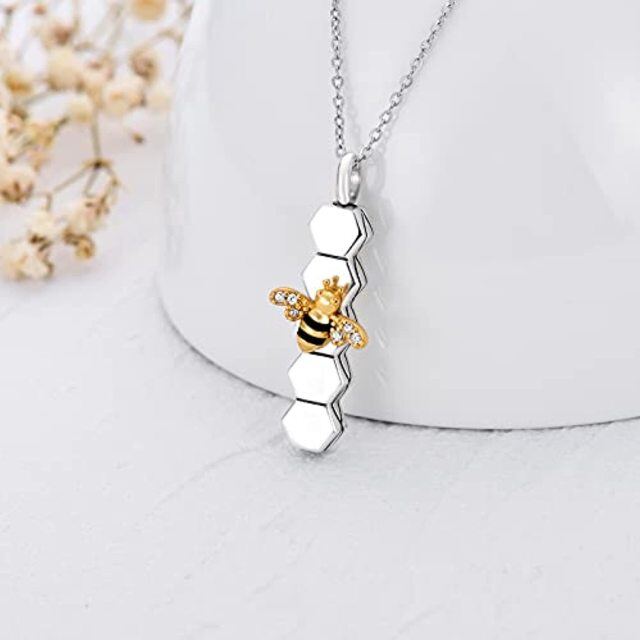 Sterling Silver Two-tone Circular Shaped Cubic Zirconia Bee & Honeycomb Urn Necklace for Ashes-3