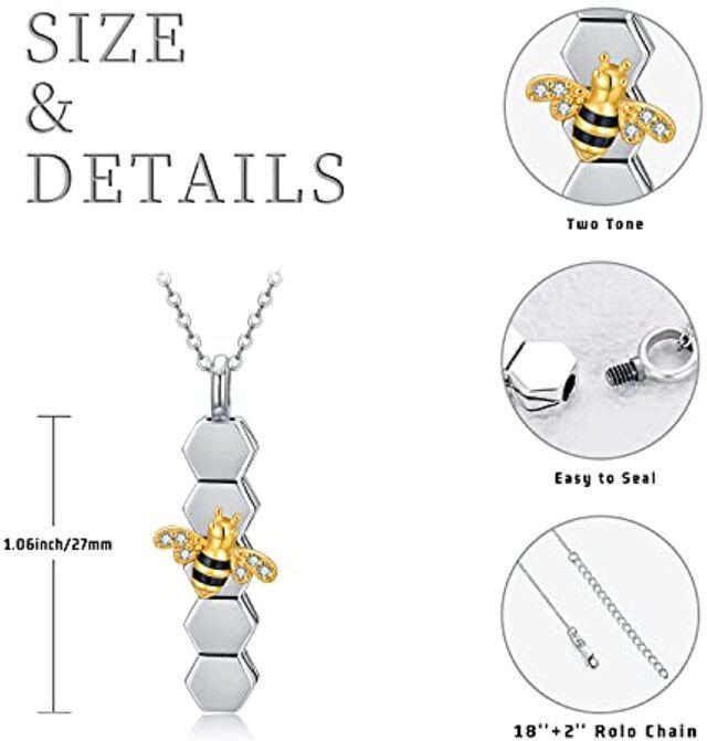 Sterling Silver Two-tone Circular Shaped Cubic Zirconia Bee & Honeycomb Urn Necklace for Ashes-6