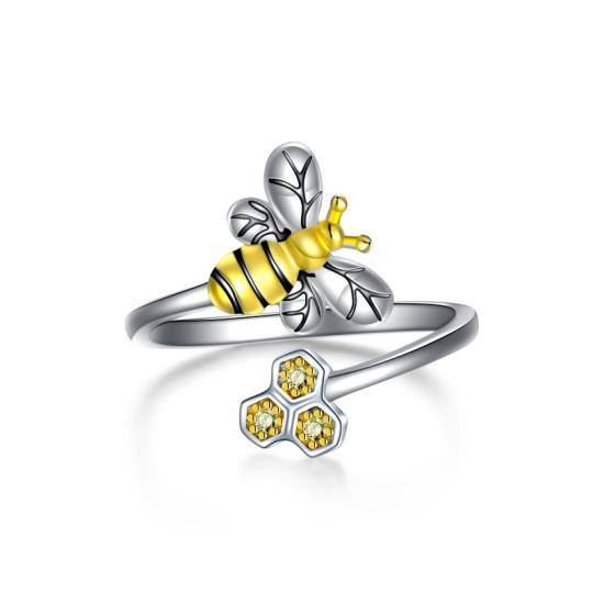 Sterling Silver Two-tone Circular Shaped Cubic Zirconia Bee Open Ring