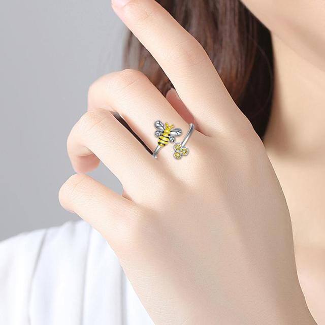 Anillo abierto de plata de ley con forma circular de circonita y abeja-2