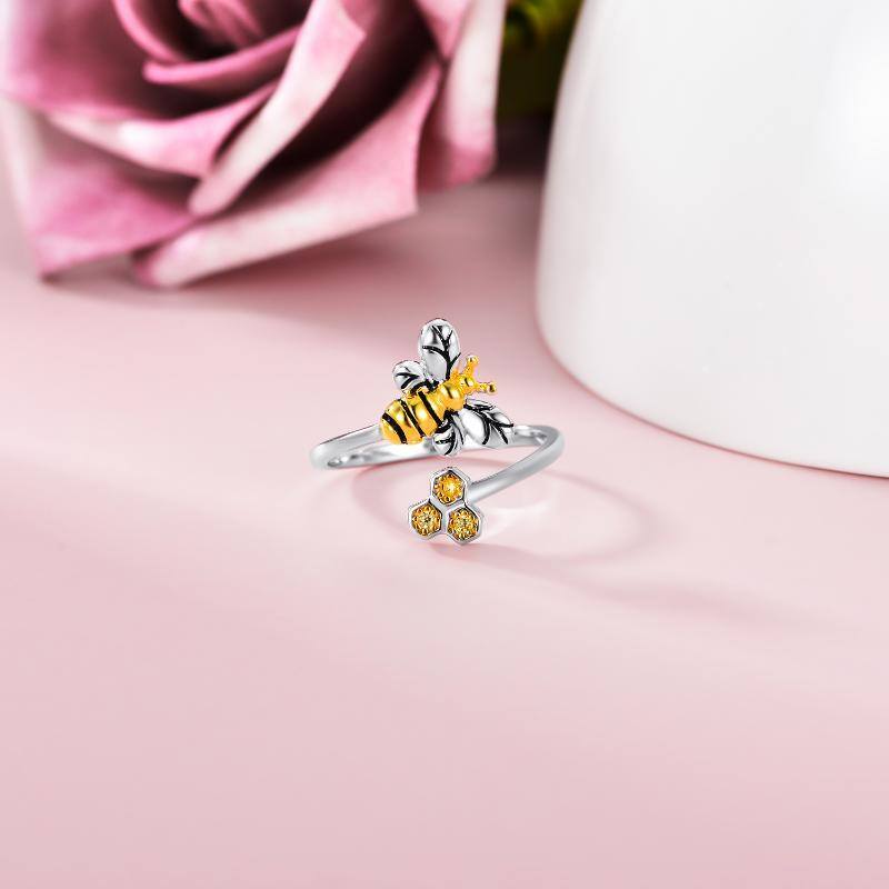 Anillo abierto de plata de ley con forma circular de circonita y abeja-3