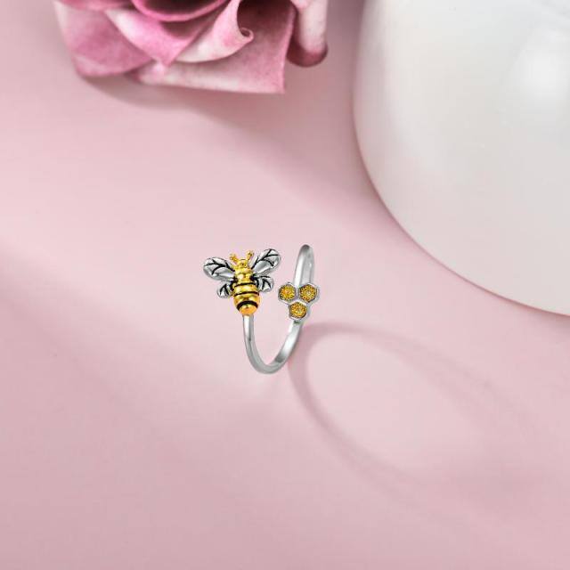 Anillo abierto de plata de ley con forma circular de circonita y abeja-4