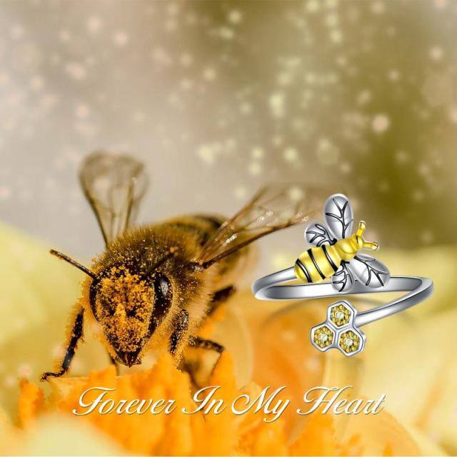 Anillo abierto de plata de ley con forma circular de circonita y abeja-6