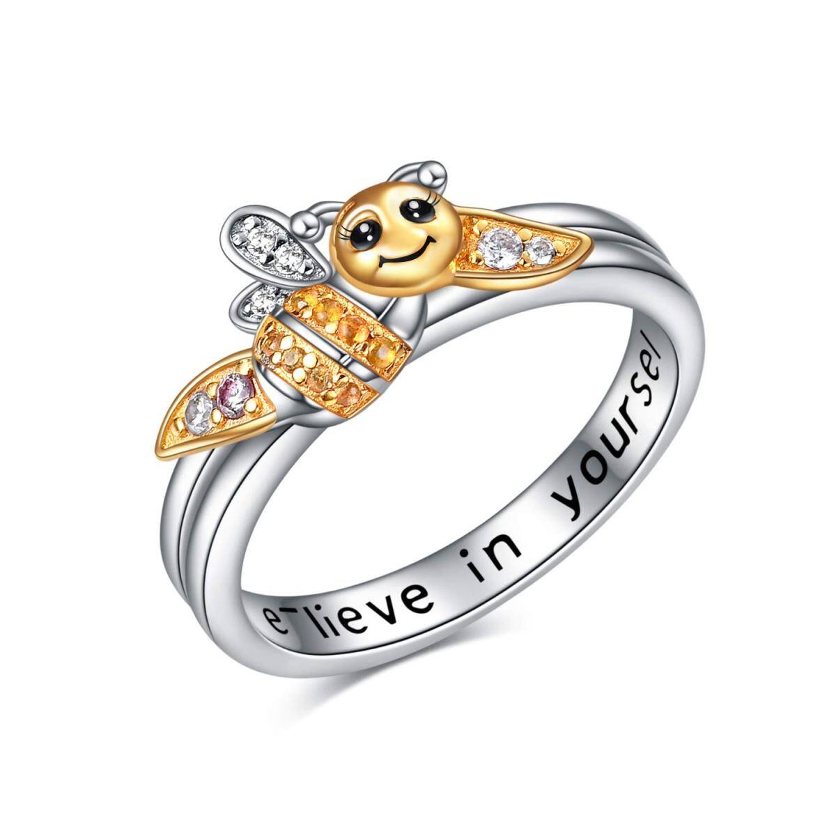 Sterling Silver Two-tone Circular Shaped Cubic Zirconia Bee Ring-1