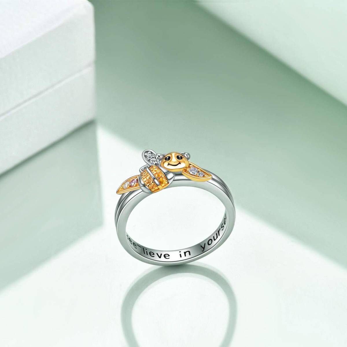 Sterling Silver Two-tone Circular Shaped Cubic Zirconia Bee Ring-3