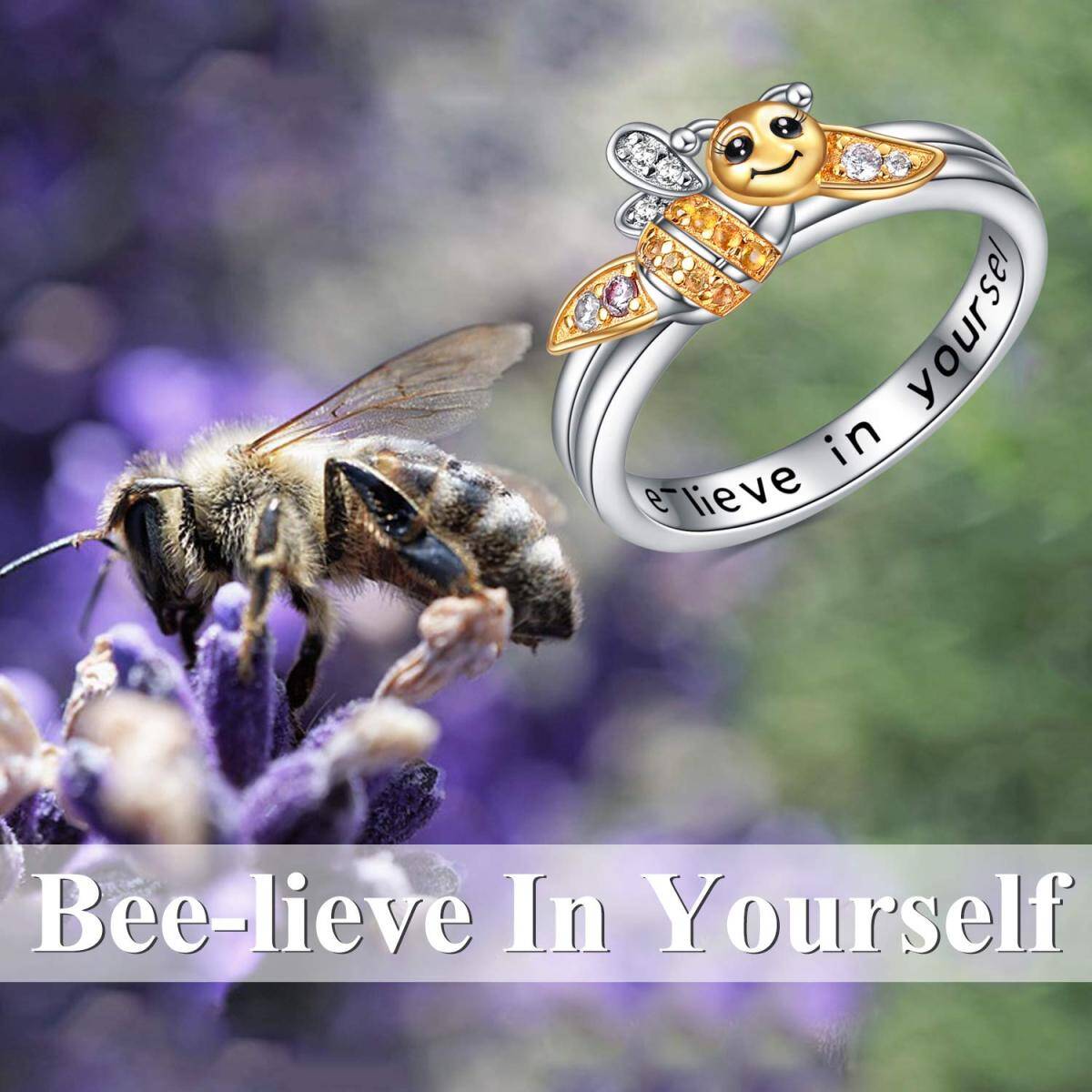 Sterling Silver Two-tone Circular Shaped Cubic Zirconia Bee Ring-5