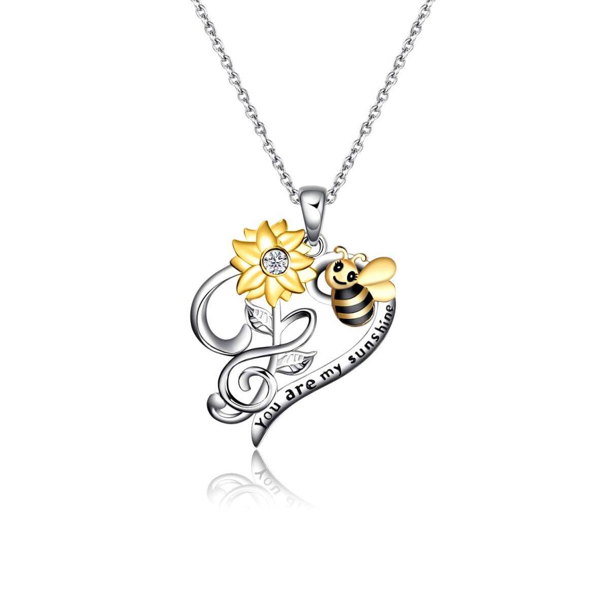 Sterling Silver Two-tone Circular Shaped Cubic Zirconia Bee & Sunflower & Heart Pendant Necklace with Engraved Word-1