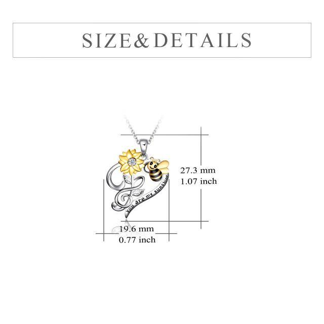 Sterling Silver Two-tone Circular Shaped Cubic Zirconia Bee & Sunflower & Heart Pendant Necklace with Engraved Word-5