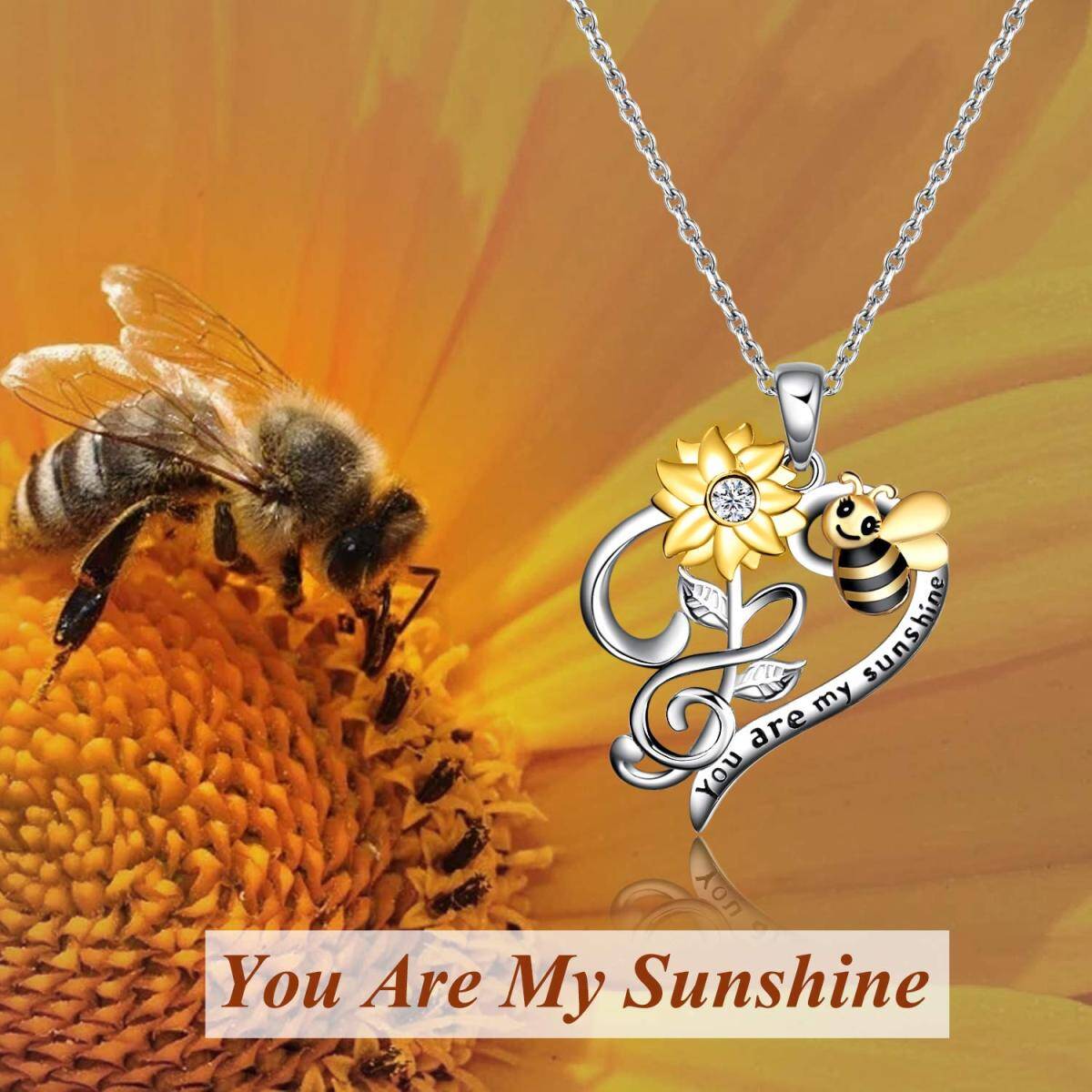 Collar con colgante de corazón de girasol y abeja con circonita cúbica en forma circular de dos tonos de plata de ley con palabra grabada-6