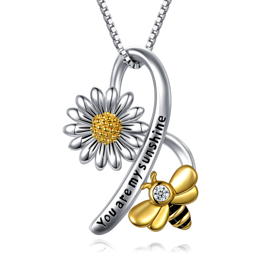 Sterling Silver Two-tone Circular Shaped Cubic Zirconia Bee & Sunflower Pendant Necklace