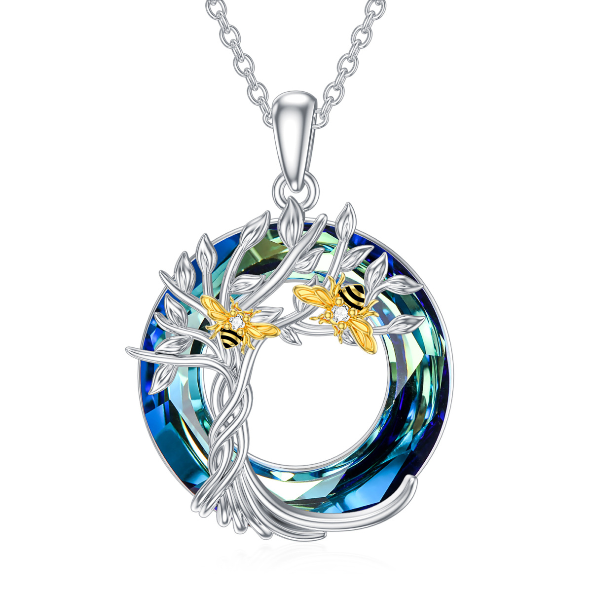 Sterling Silver Two-tone Circular Shaped Bee & Tree Of Life Crystal Pendant Necklace-1