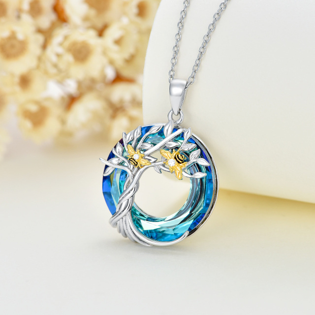 Sterling Silver Two-tone Circular Shaped Bee & Tree Of Life Crystal Pendant Necklace-3