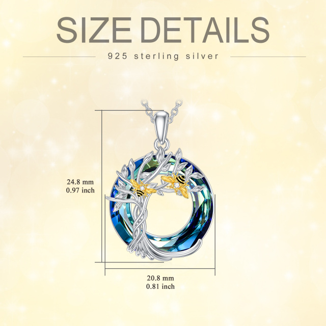 Sterling Silver Two-tone Circular Shaped Bee & Tree Of Life Crystal Pendant Necklace-5