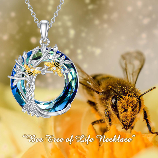 Sterling Silver Two-tone Circular Shaped Bee & Tree Of Life Crystal Pendant Necklace-6