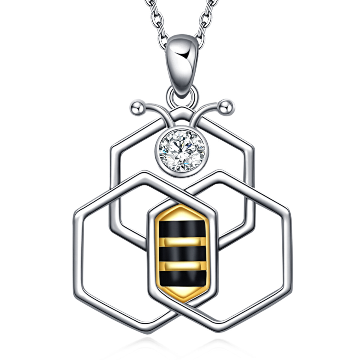 Zweifarbige Halskette aus Sterlingsilber mit Bienen-Anhänger und Zirkonia in Kreisform-1