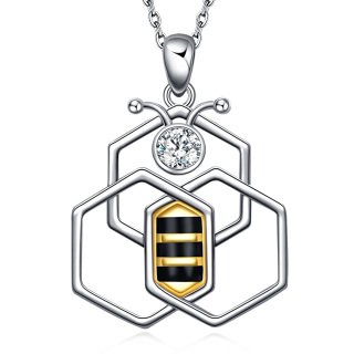 Sterling Silver Two-tone Circular Shaped Cubic Zirconia Bees Pendant Necklace-2