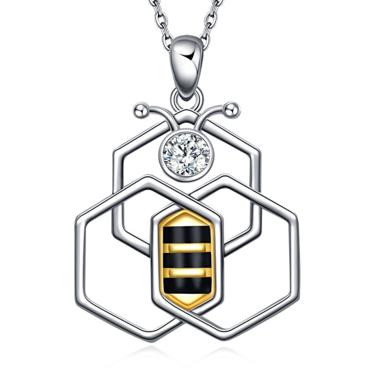 Sterling Silver Two-tone Circular Shaped Cubic Zirconia Bees Pendant Necklace