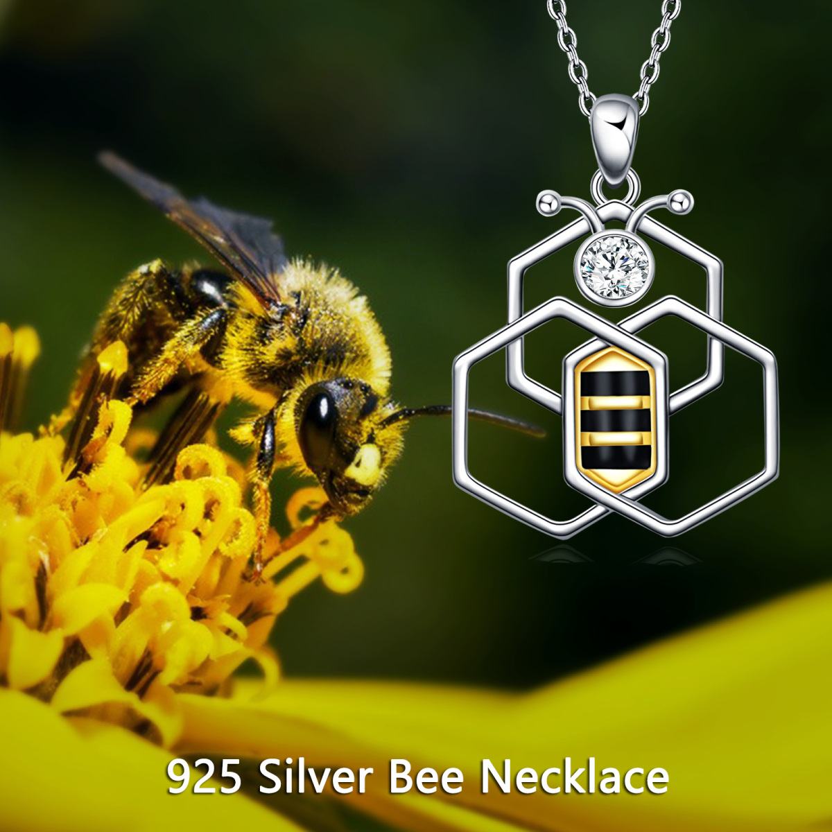 Zweifarbige Halskette aus Sterlingsilber mit Bienen-Anhänger und Zirkonia in Kreisform-6