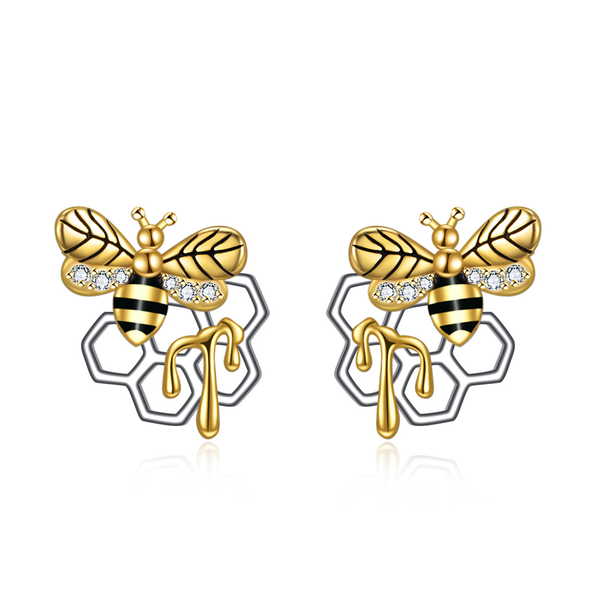 Sterling Silver Two-tone Circular Shaped Cubic Zirconia Bees Stud Earrings-1