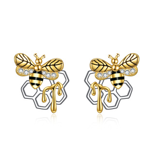 Sterling Silver Two-tone Circular Shaped Cubic Zirconia Bees Stud Earrings-29