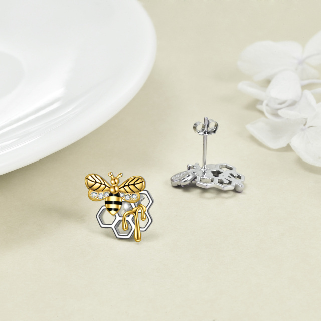 Sterling Silver Two-tone Circular Shaped Cubic Zirconia Bees Stud Earrings-3