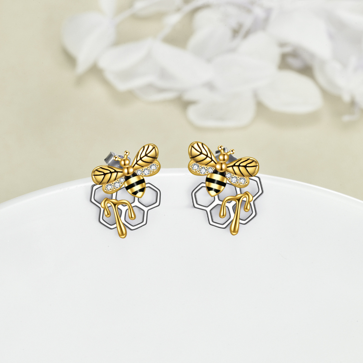 Sterling Silver Two-tone Circular Shaped Cubic Zirconia Bees Stud Earrings-4