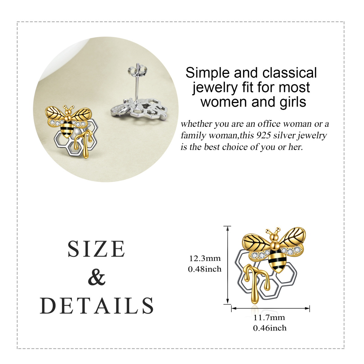 Sterling Silver Two-tone Circular Shaped Cubic Zirconia Bees Stud Earrings-5