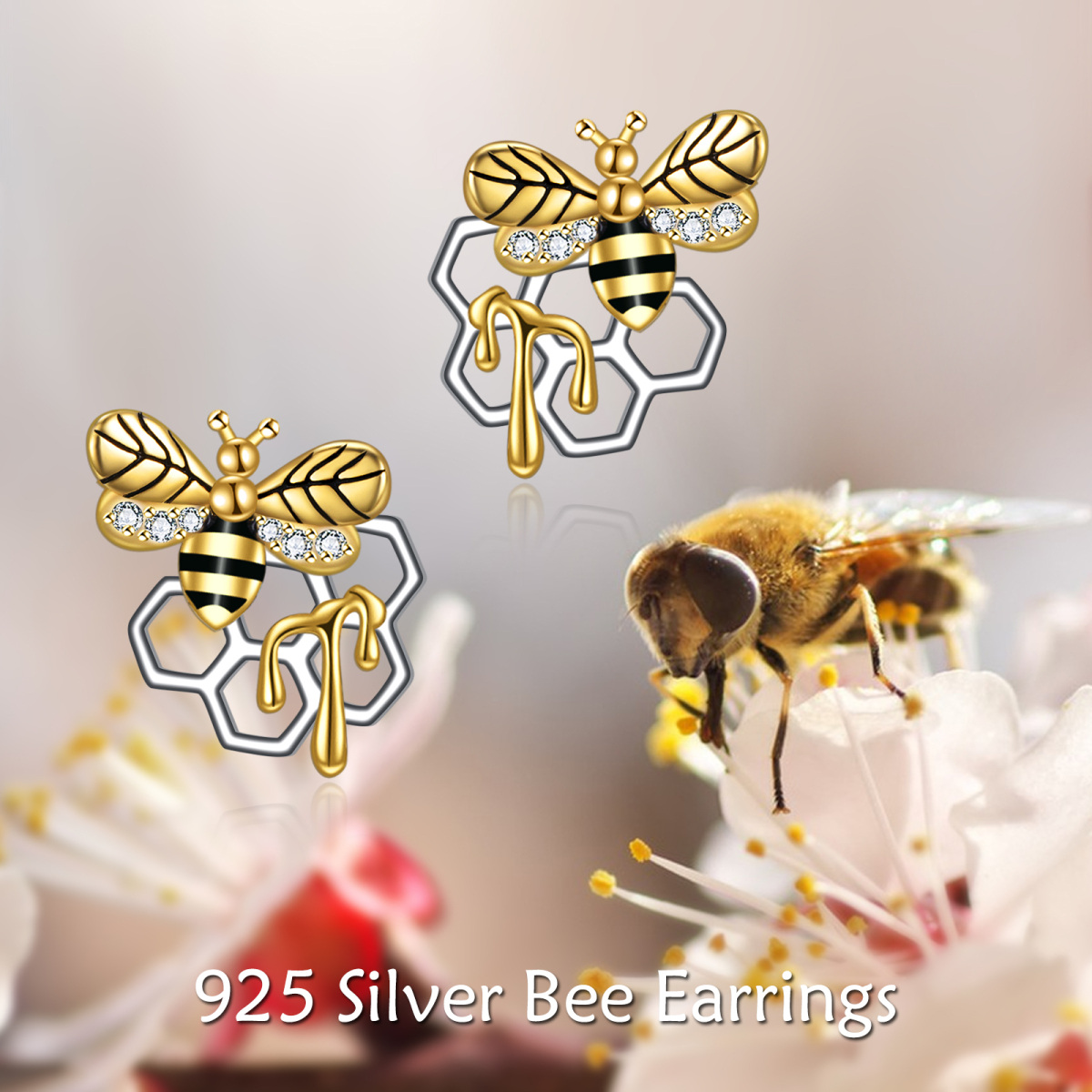 Sterling Silver Two-tone Circular Shaped Cubic Zirconia Bees Stud Earrings-6