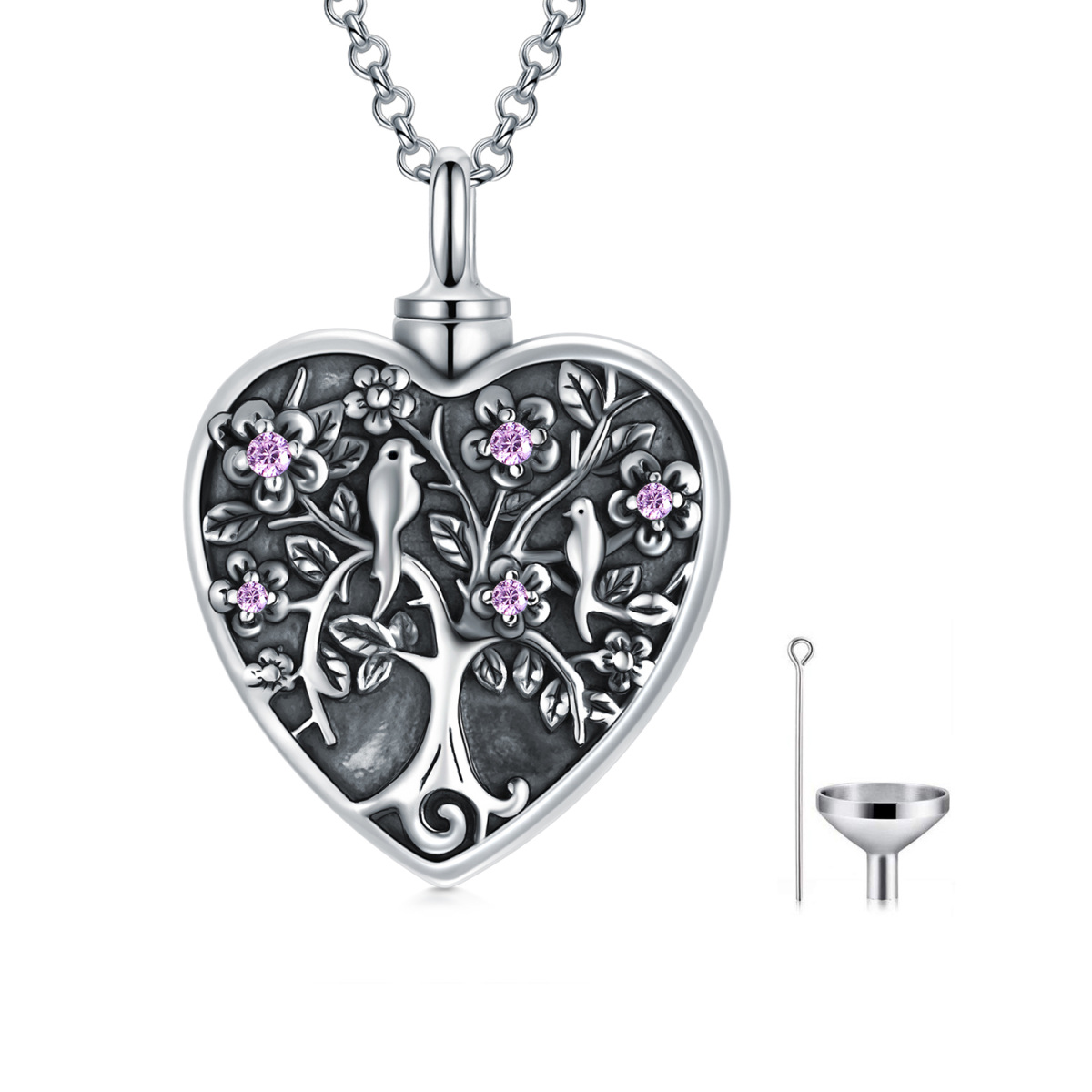 Sterling Silver Two-tone Circular Shaped Cubic Zirconia Bird & Tree Of Life Urn Necklace for Ashes-1