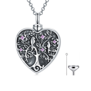 Sterling Silver Two-tone Circular Shaped Cubic Zirconia Bird & Tree Of Life Urn Necklace for Ashes-46