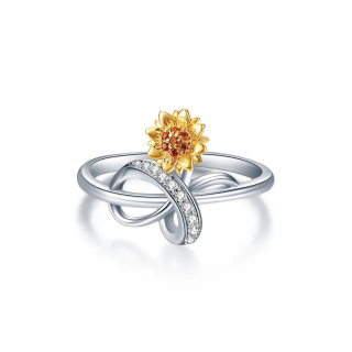 Anillo de girasol con lazo y circonita cúbica en forma circular de dos tonos de plata de ley-6