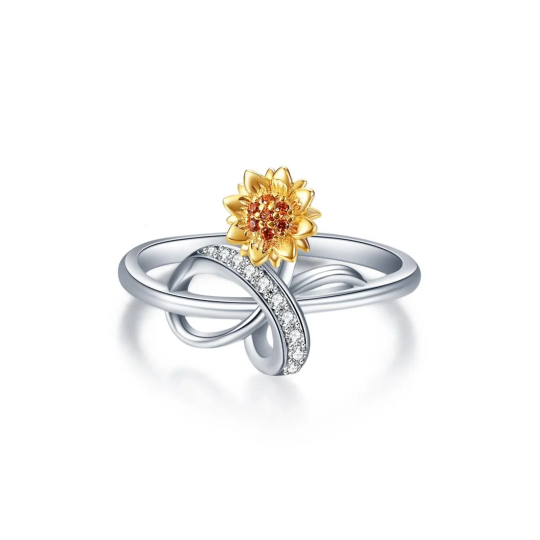 Sterling zilveren tweekleurige cirkelvormige cubic zirconia striknot zonnebloem ring