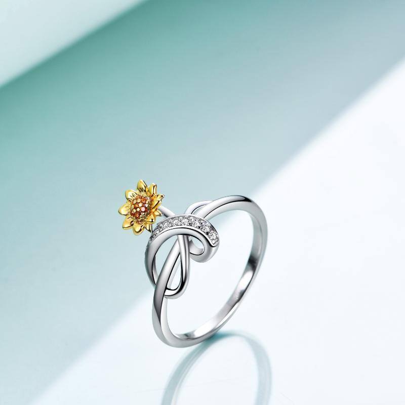 Sterling Silver Two-tone Circular Shaped Cubic Zirconia Bowknot Sunflower Ring-3