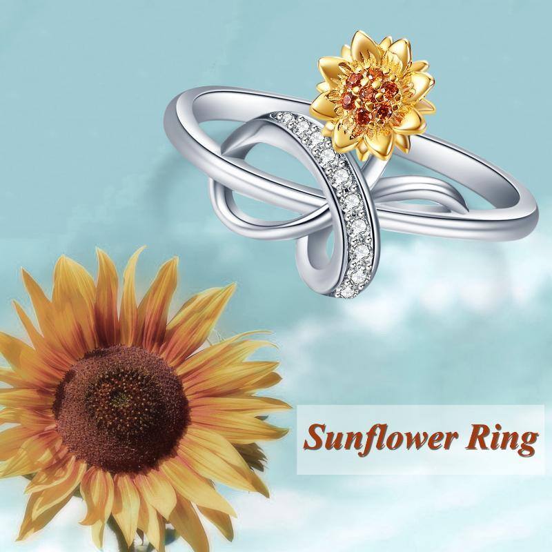 Sterling Silver Two-tone Round Shaped Cubic Zirconia Bowknot Sunflower Ring-6