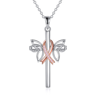 Sterling Silver Two-tone Circular Shaped Cubic Zirconia Butterfly & Cross Pendant Necklace-3